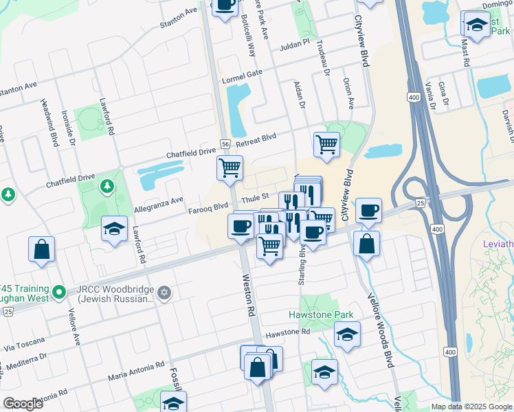 map of restaurants, bars, coffee shops, grocery stores, and more near 10069 Weston Road in Vaughan