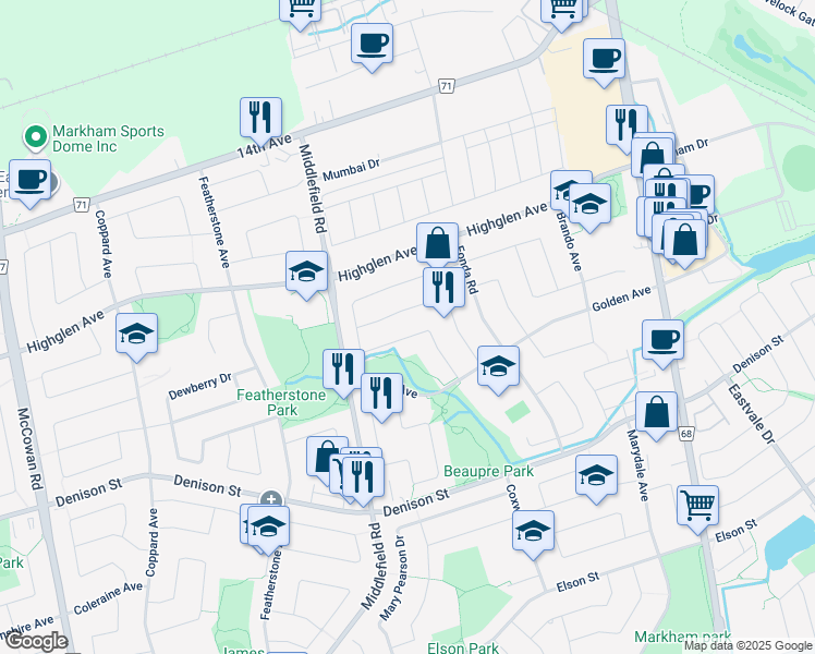 map of restaurants, bars, coffee shops, grocery stores, and more near 47 Sophia Road in Markham