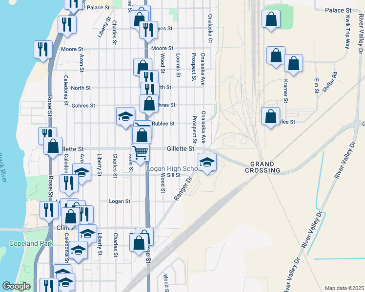 map of restaurants, bars, coffee shops, grocery stores, and more near 1415 Gillette Street in La Crosse