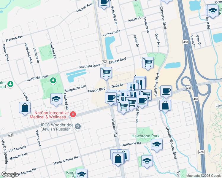 map of restaurants, bars, coffee shops, grocery stores, and more near 10069 Weston Road in Vaughan