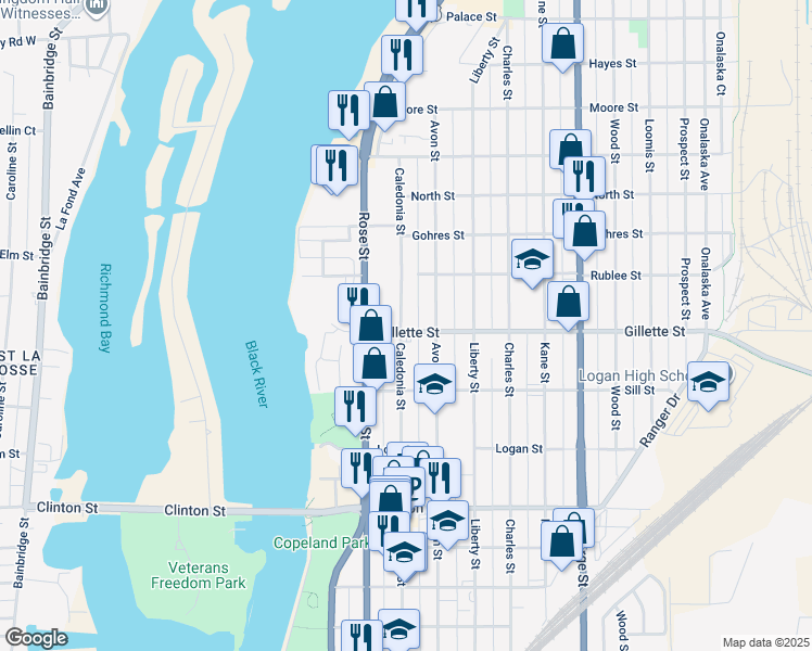 map of restaurants, bars, coffee shops, grocery stores, and more near 709 Gillette Street in La Crosse