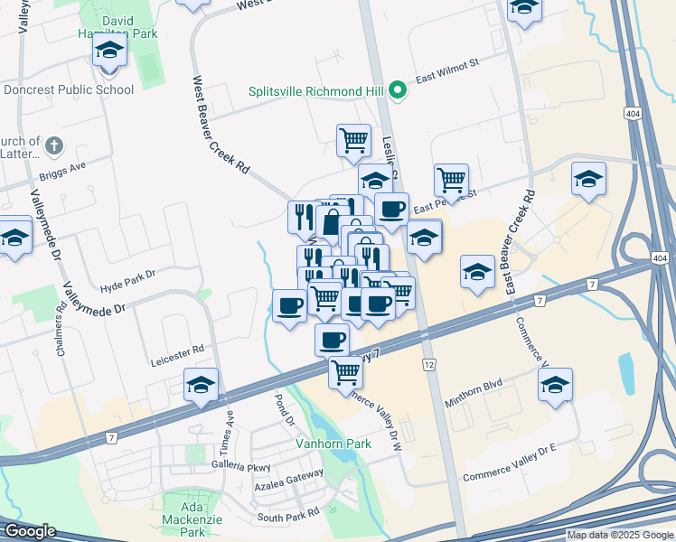 map of restaurants, bars, coffee shops, grocery stores, and more near 6-175 West Beaver Creek Road in Richmond Hill