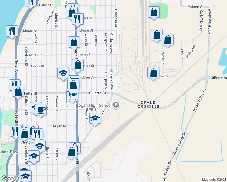 map of restaurants, bars, coffee shops, grocery stores, and more near 1603 Gillette Street in La Crosse