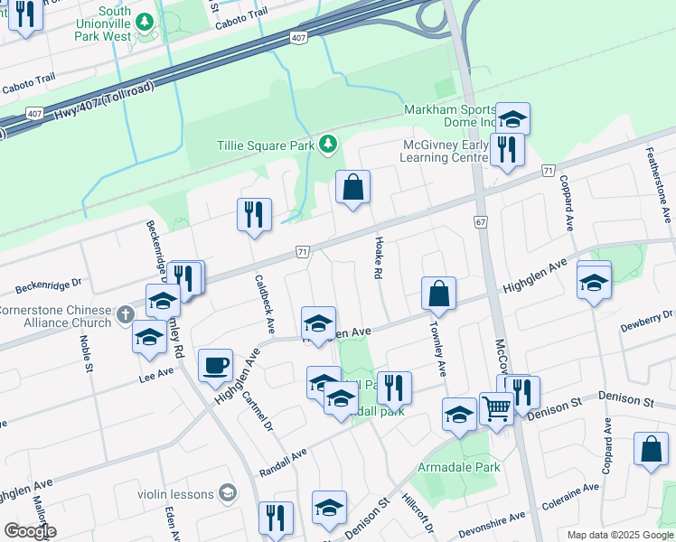 map of restaurants, bars, coffee shops, grocery stores, and more near 32 Deib Crescent in Markham