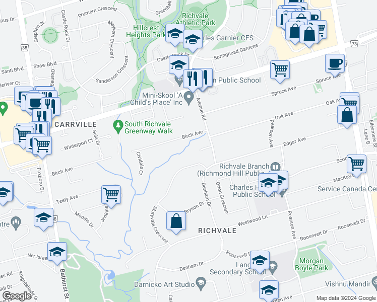 map of restaurants, bars, coffee shops, grocery stores, and more near 21 Birch Avenue in Richmond Hill
