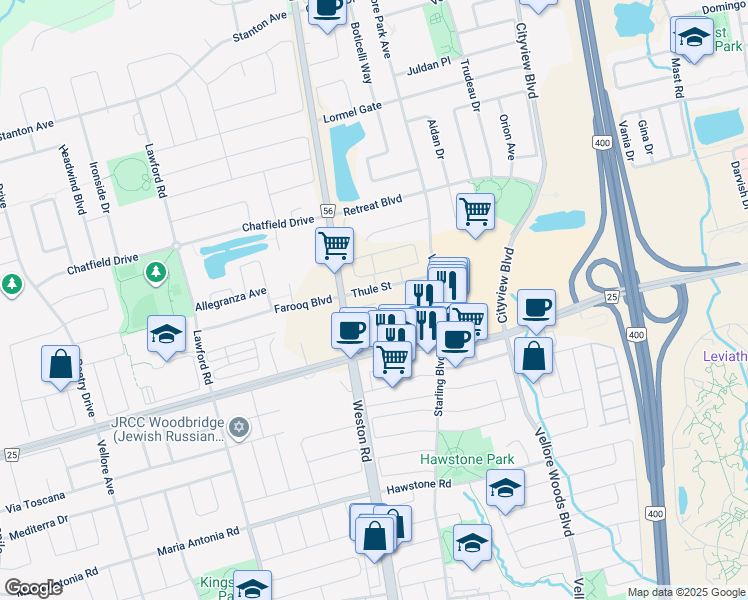 map of restaurants, bars, coffee shops, grocery stores, and more near 10069 Weston Road in Vaughan