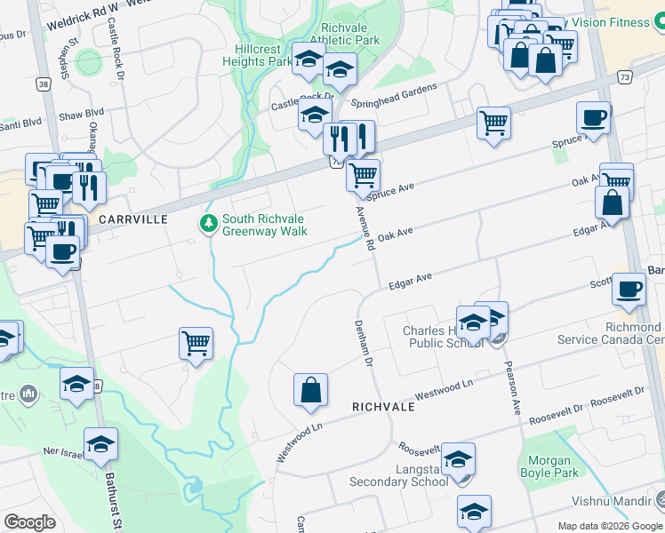 map of restaurants, bars, coffee shops, grocery stores, and more near 21 Birch Avenue in Richmond Hill