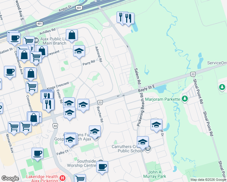 map of restaurants, bars, coffee shops, grocery stores, and more near 151 Admiral Road in Ajax