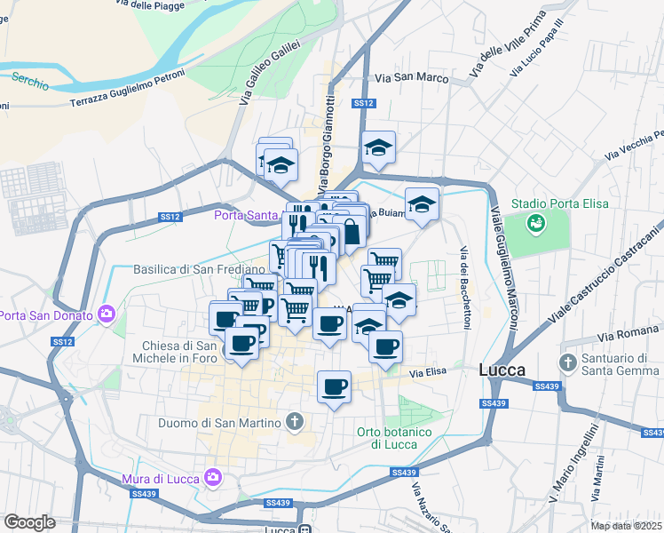 map of restaurants, bars, coffee shops, grocery stores, and more near 224 Via Fillungo in Lucca