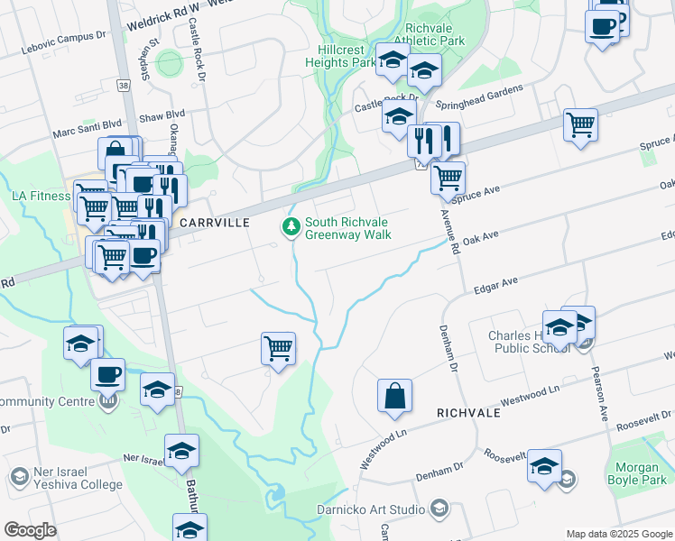 map of restaurants, bars, coffee shops, grocery stores, and more near 61 Birch Avenue in Richmond Hill