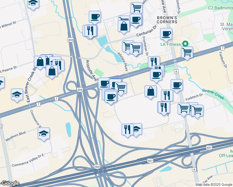 map of restaurants, bars, coffee shops, grocery stores, and more near 675 Cochrane Drive in Markham