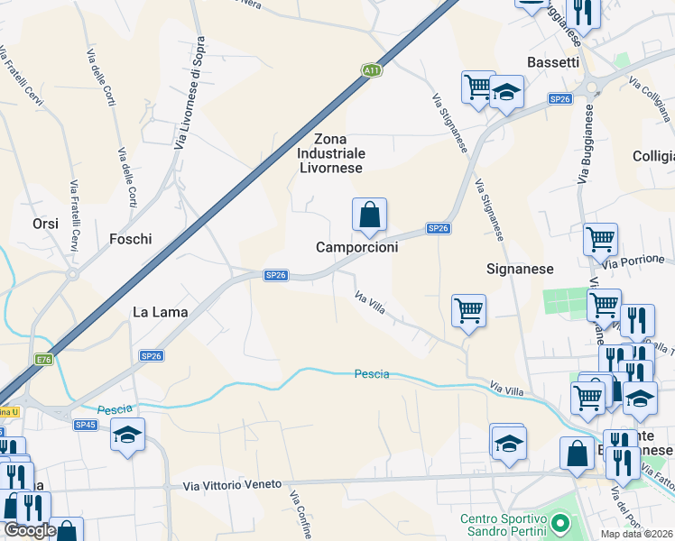 map of restaurants, bars, coffee shops, grocery stores, and more near 128 Via Villa in Ponte Buggianese