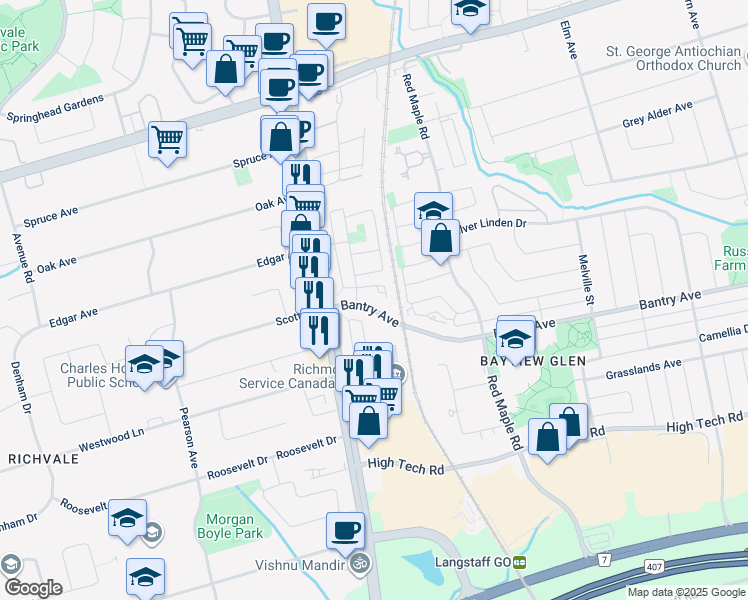 map of restaurants, bars, coffee shops, grocery stores, and more near 3 Ellesmere Street in Richmond Hill