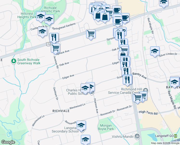 map of restaurants, bars, coffee shops, grocery stores, and more near 71 Edgar Avenue in Richmond Hill