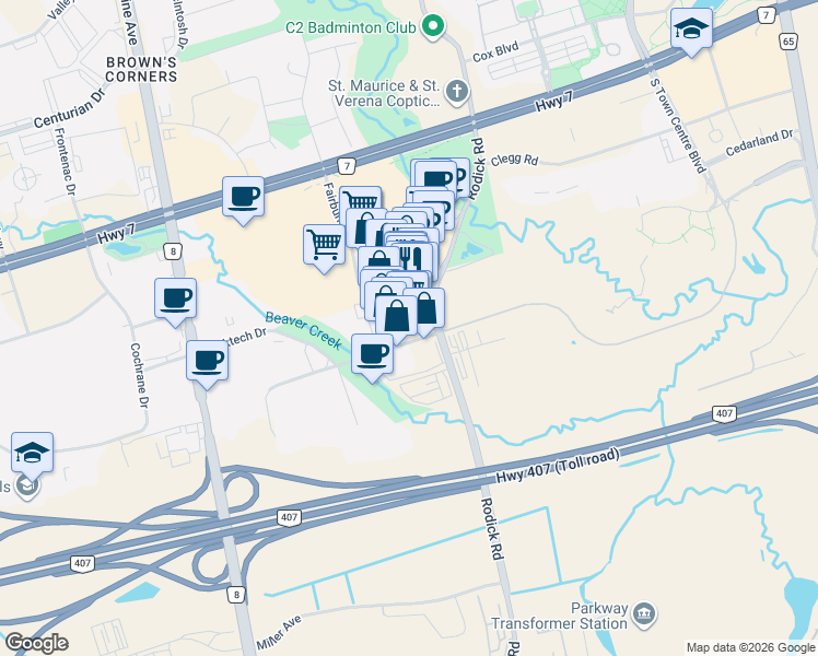 map of restaurants, bars, coffee shops, grocery stores, and more near 290 Yorktech Drive in Markham