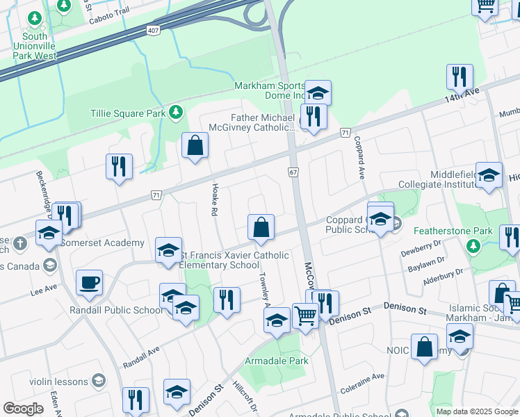 map of restaurants, bars, coffee shops, grocery stores, and more near 74 Queue Road in Markham