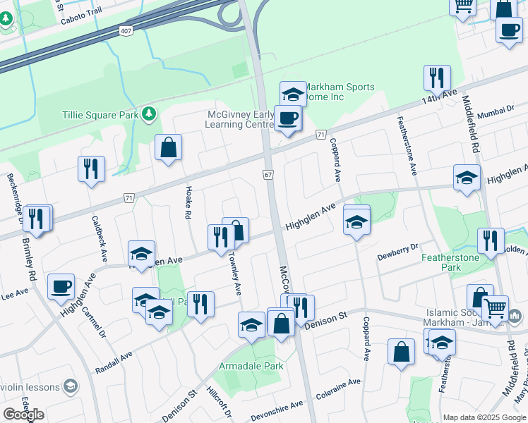 map of restaurants, bars, coffee shops, grocery stores, and more near 78 Hepburn Street in Markham