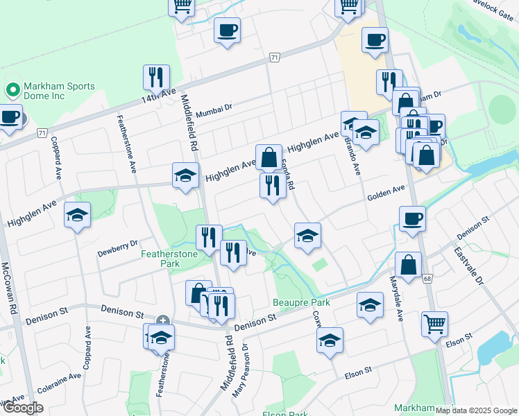map of restaurants, bars, coffee shops, grocery stores, and more near 47 Sophia Road in Markham
