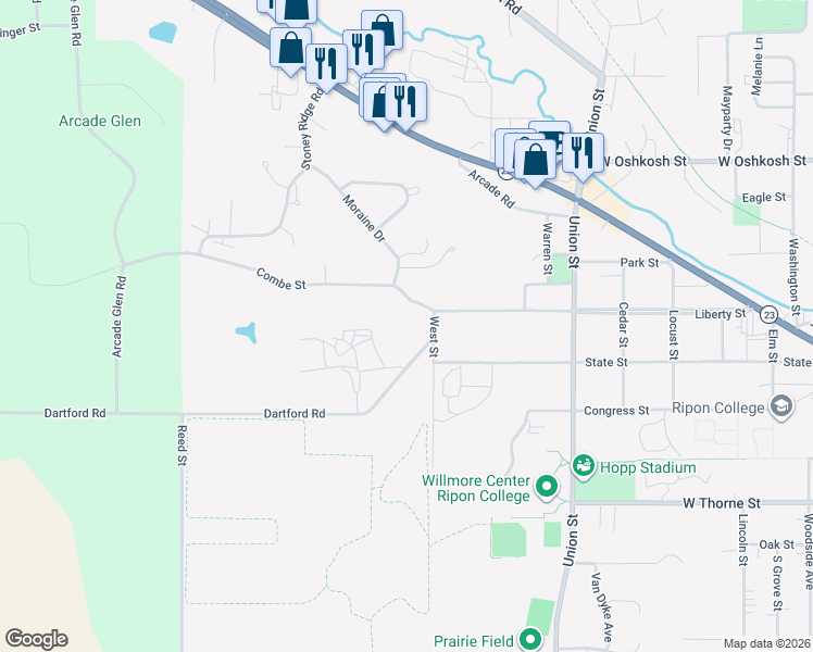 map of restaurants, bars, coffee shops, grocery stores, and more near 108 West St in Ripon