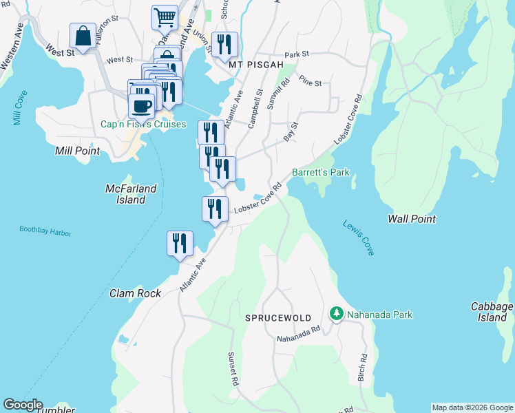 map of restaurants, bars, coffee shops, grocery stores, and more near 25 Lobster Cove Road in Boothbay Harbor