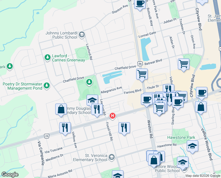 map of restaurants, bars, coffee shops, grocery stores, and more near 50 Allegranza Avenue in Vaughan