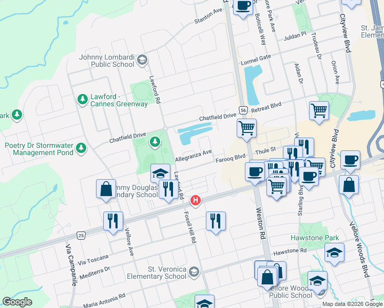 map of restaurants, bars, coffee shops, grocery stores, and more near 50 Allegranza Avenue in Vaughan