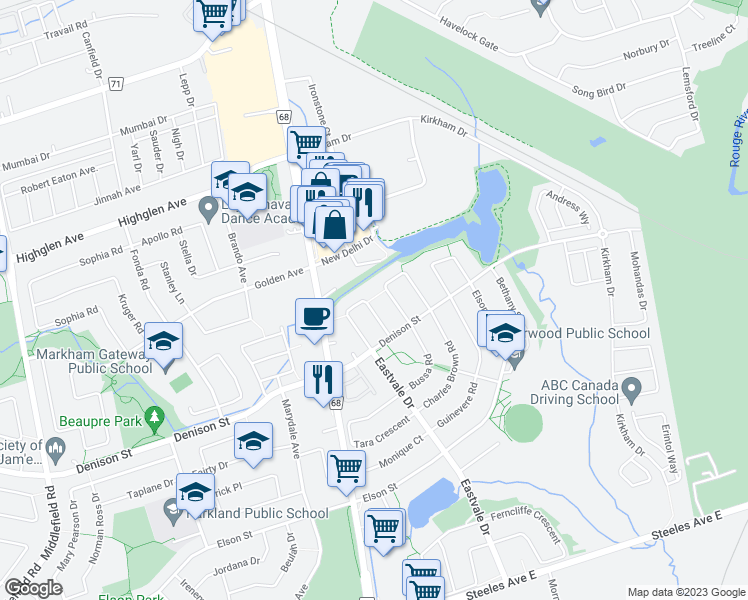 map of restaurants, bars, coffee shops, grocery stores, and more near 82 Jack Monkman Crescent in Markham