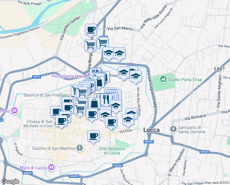 map of restaurants, bars, coffee shops, grocery stores, and more near 191 Via del Fosso in Lucca