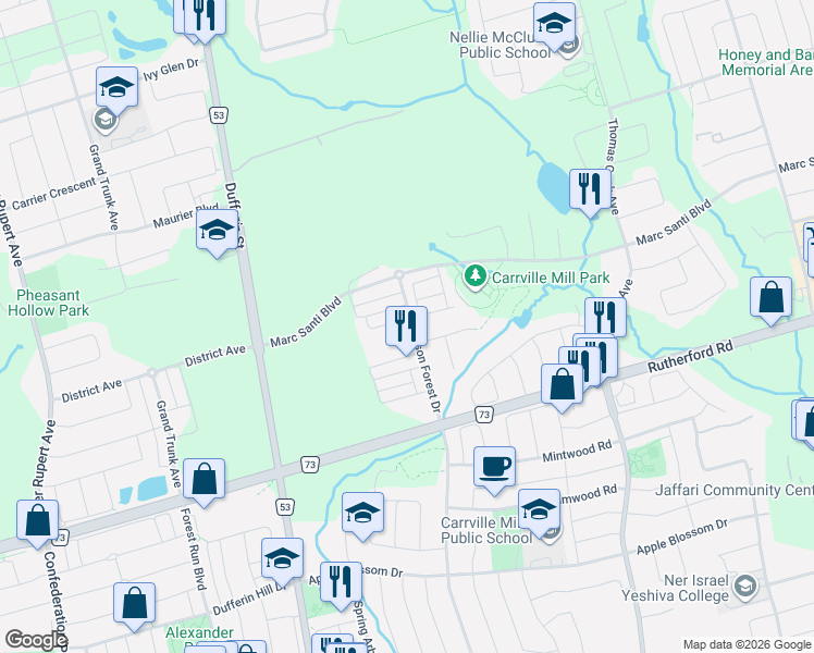 map of restaurants, bars, coffee shops, grocery stores, and more near 88 Crimson Forest Drive in Vaughan