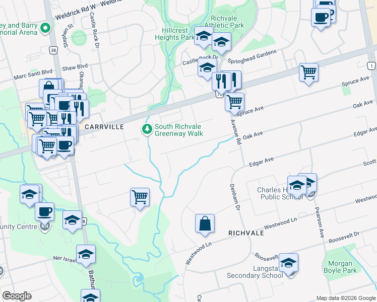map of restaurants, bars, coffee shops, grocery stores, and more near 47 Birch Avenue in Richmond Hill