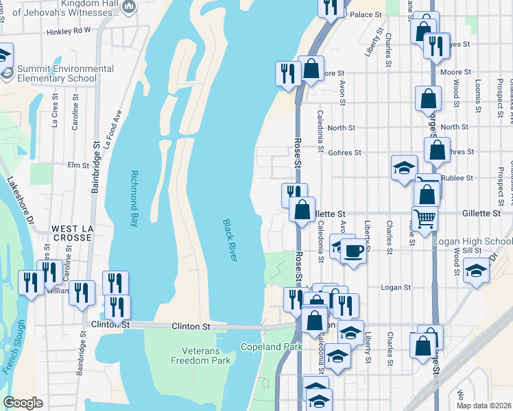 map of restaurants, bars, coffee shops, grocery stores, and more near 401 Gillette Street in La Crosse