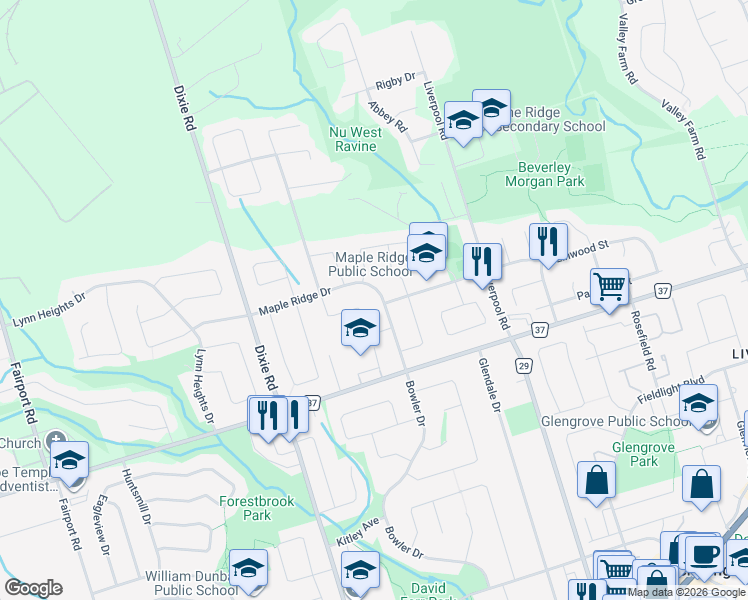map of restaurants, bars, coffee shops, grocery stores, and more near 1232 Maple Ridge Drive in Pickering