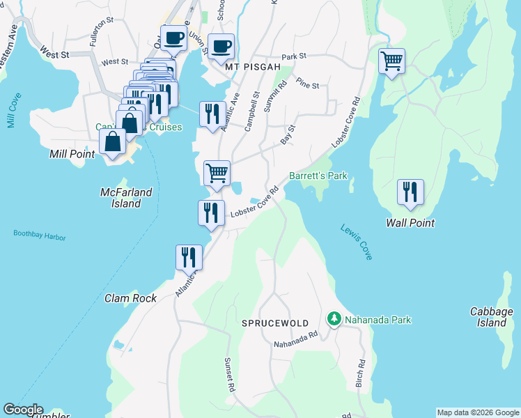 map of restaurants, bars, coffee shops, grocery stores, and more near 25 Lobster Cove Road in Boothbay Harbor