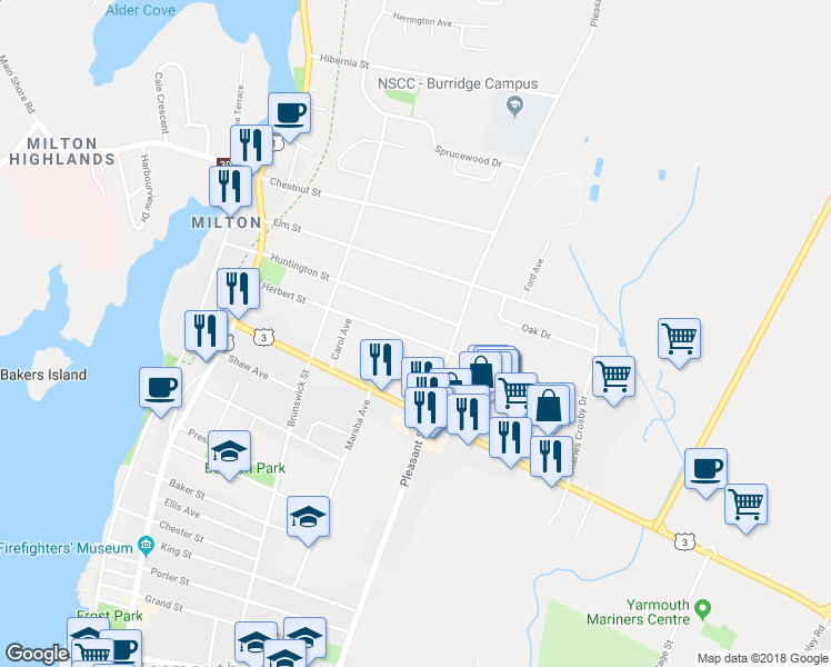 map of restaurants, bars, coffee shops, grocery stores, and more near 54 Herbert Street in Yarmouth