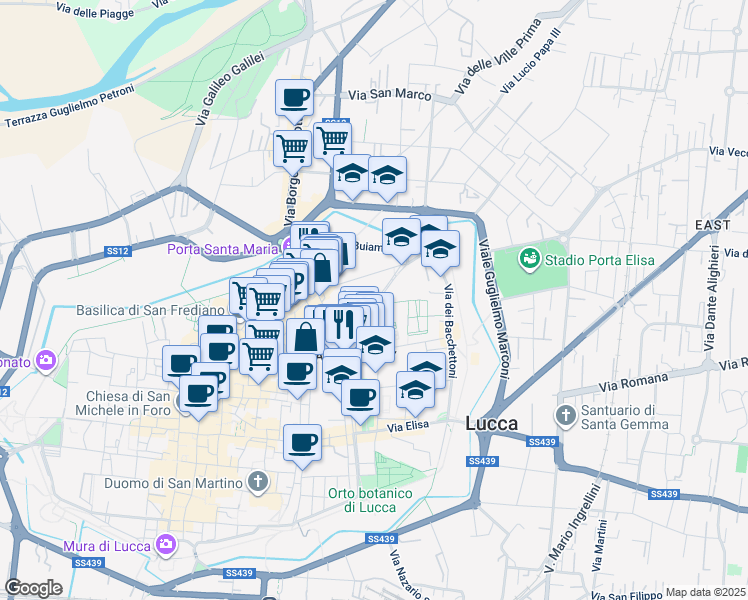 map of restaurants, bars, coffee shops, grocery stores, and more near 112 Via del Fosso in Lucca