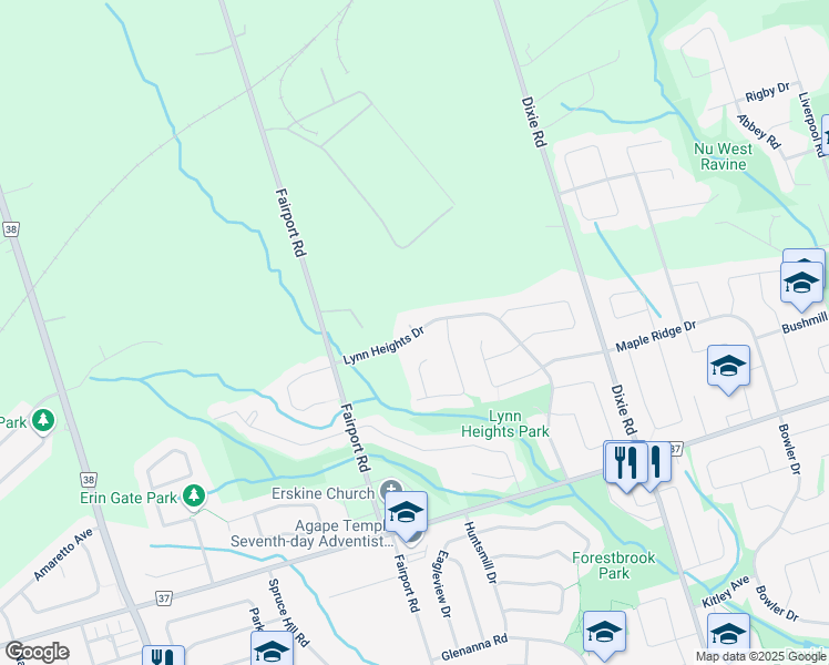 map of restaurants, bars, coffee shops, grocery stores, and more near Lynn Heights Drive in Pickering