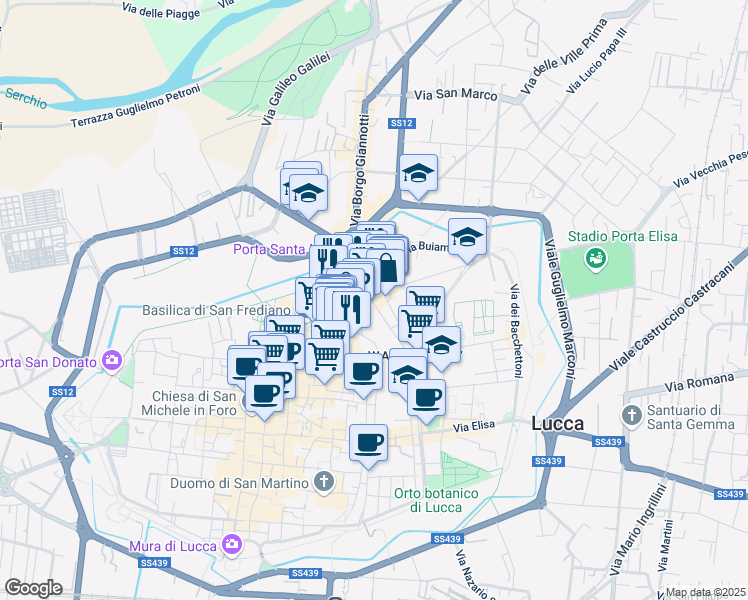 map of restaurants, bars, coffee shops, grocery stores, and more near 224 Via Fillungo in Lucca
