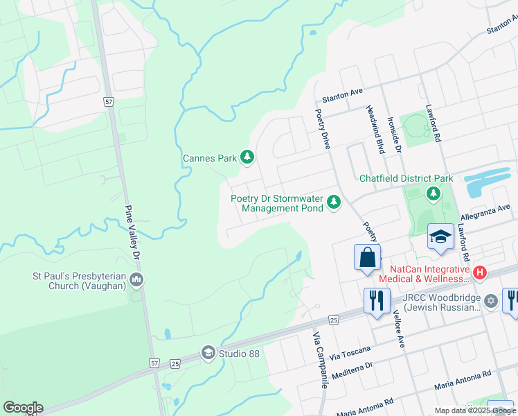 map of restaurants, bars, coffee shops, grocery stores, and more near 13 Bannockburn Drive in Vaughan