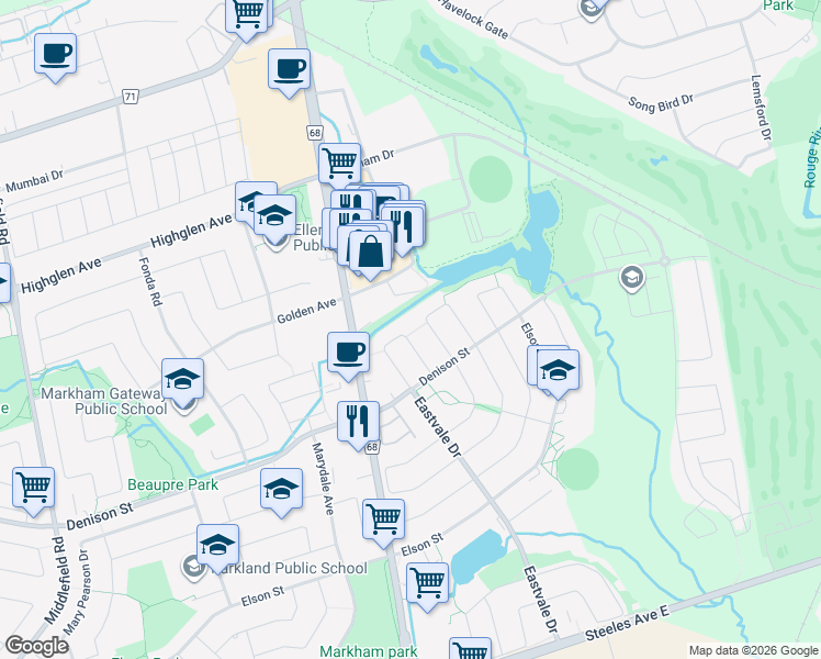 map of restaurants, bars, coffee shops, grocery stores, and more near 78 Jack Monkman Crescent in Markham