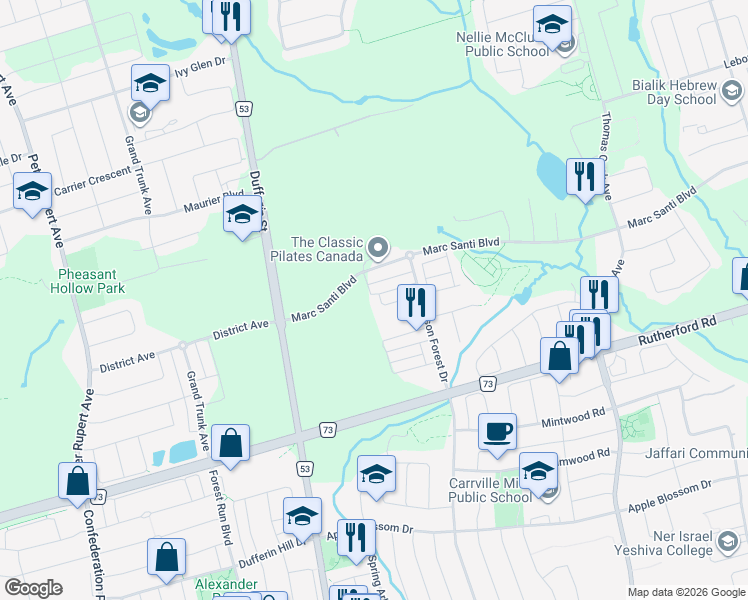 map of restaurants, bars, coffee shops, grocery stores, and more near 53 Adaskin Ave in Vaughan