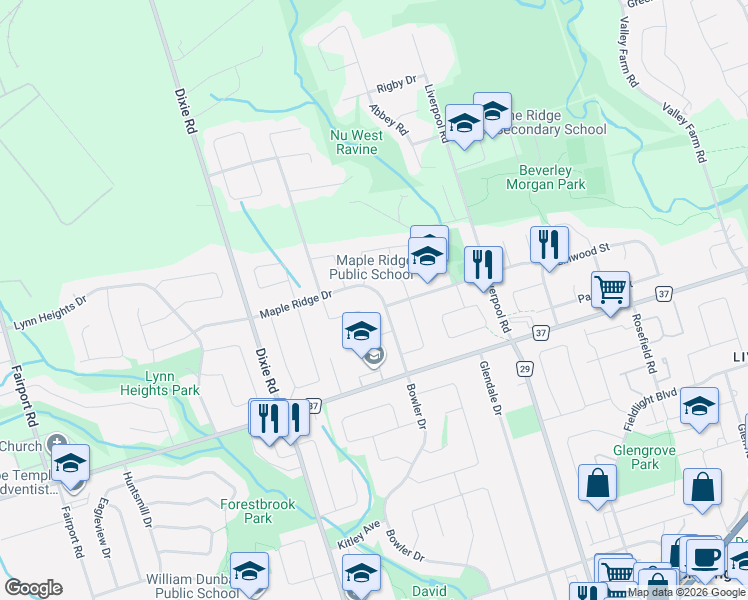 map of restaurants, bars, coffee shops, grocery stores, and more near 1234 Maple Ridge Drive in Pickering