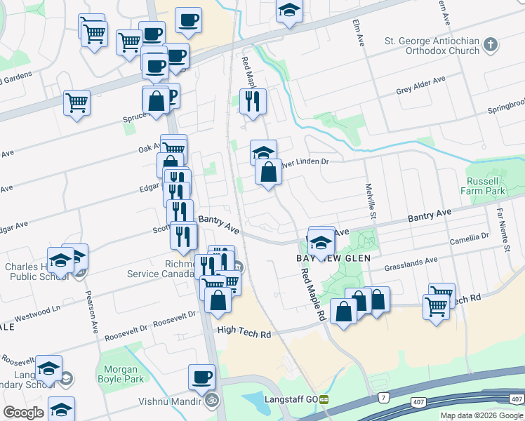 map of restaurants, bars, coffee shops, grocery stores, and more near 54 King William Crescent in Richmond Hill