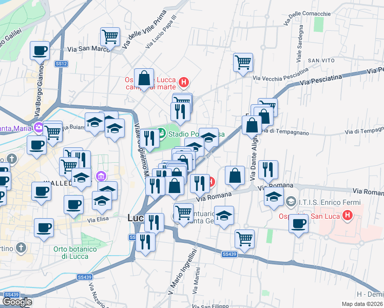 map of restaurants, bars, coffee shops, grocery stores, and more near Via Barbantini in Lucca
