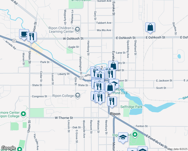 map of restaurants, bars, coffee shops, grocery stores, and more near 123 Jefferson Street in Ripon