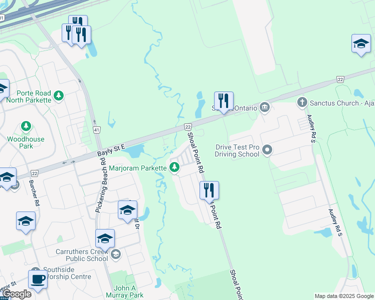 map of restaurants, bars, coffee shops, grocery stores, and more near in Ajax