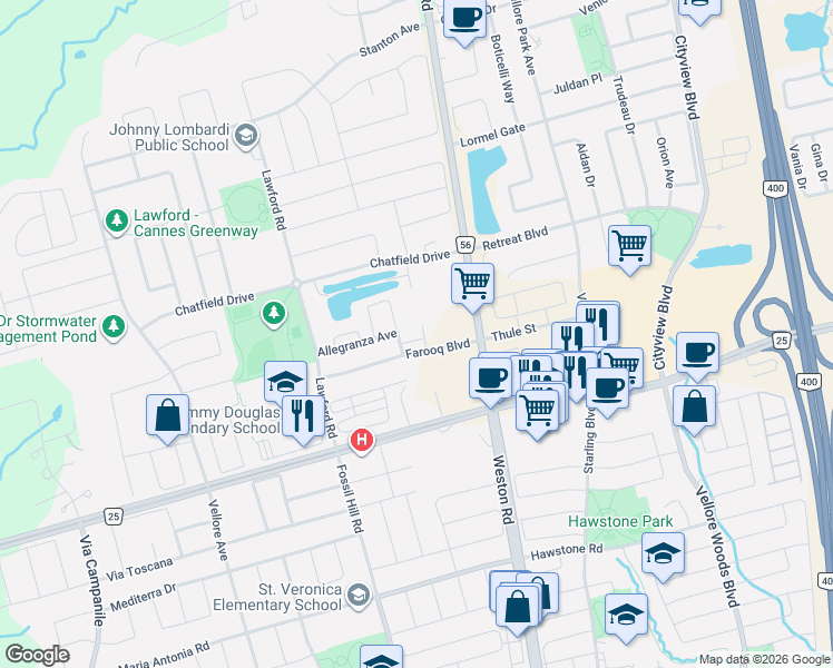map of restaurants, bars, coffee shops, grocery stores, and more near 186 Farooq Boulevard in Vaughan