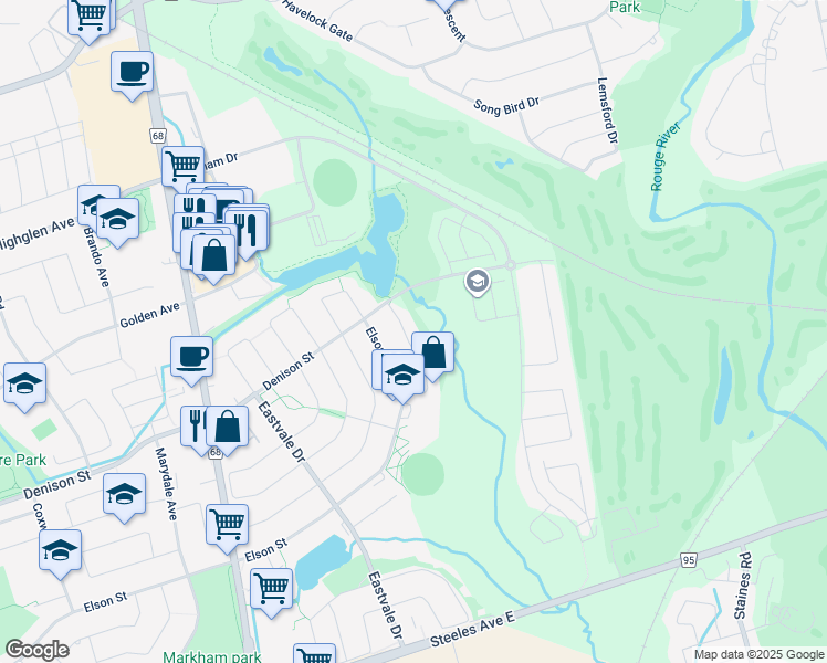 map of restaurants, bars, coffee shops, grocery stores, and more near 45 Denison Street in Markham