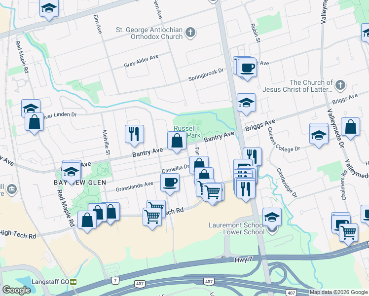 map of restaurants, bars, coffee shops, grocery stores, and more near 421 Bantry Avenue in Richmond Hill