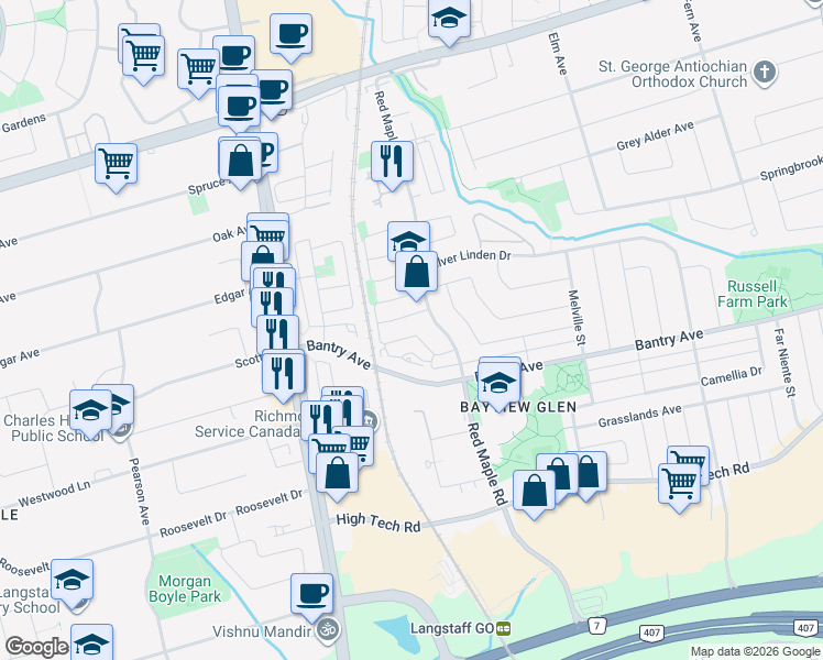 map of restaurants, bars, coffee shops, grocery stores, and more near 50 King William Crescent in Richmond Hill