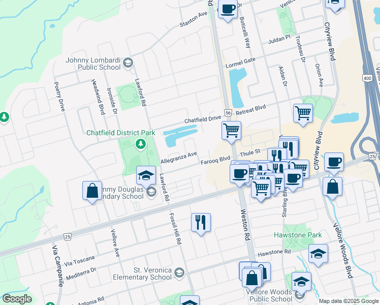 map of restaurants, bars, coffee shops, grocery stores, and more near 124 Allegranza Avenue in Vaughan